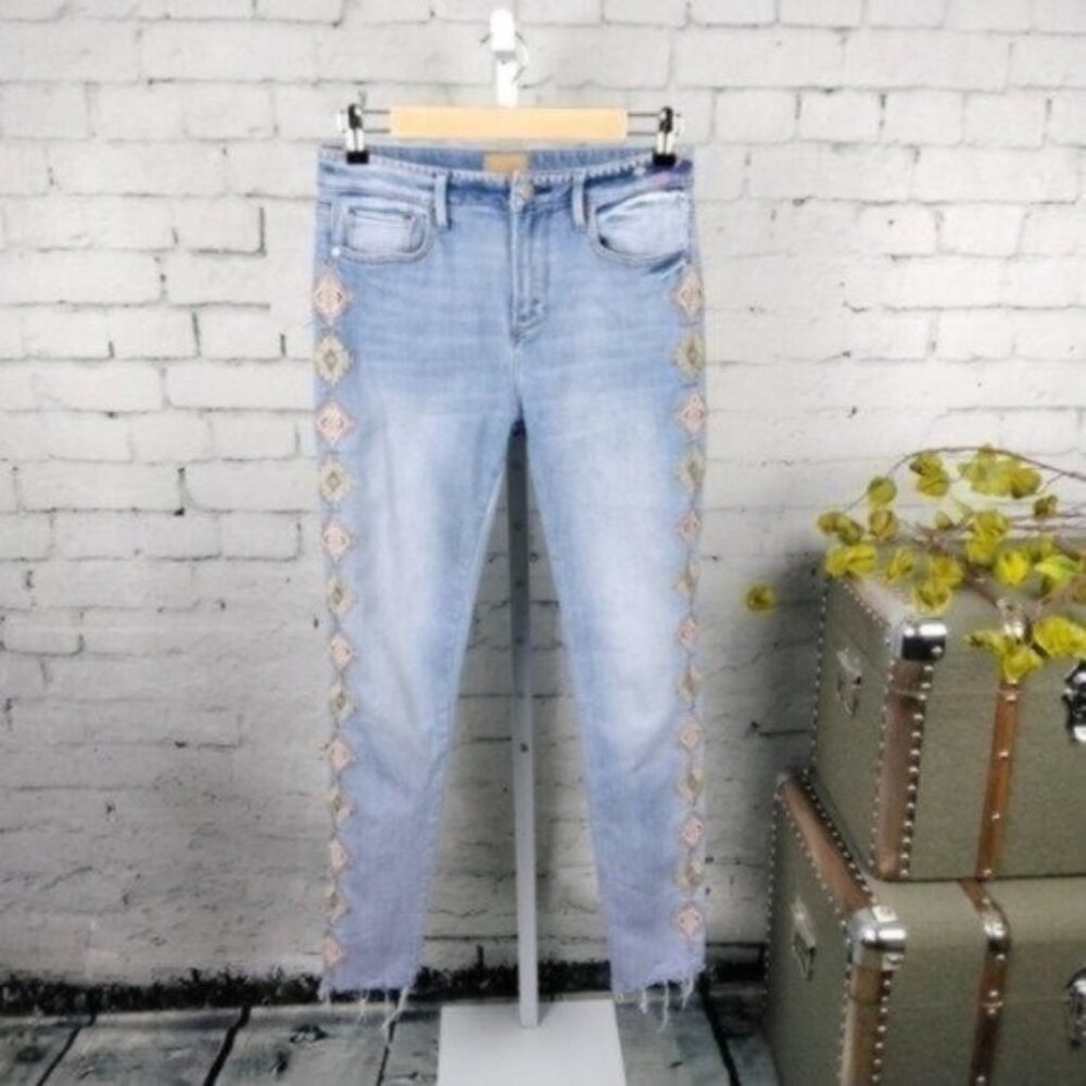 Driftwood Jackie High-rise Aztec Embroidered Skinny Ankle Jeans Blue 26